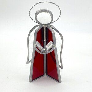 Vtg Christmas Angel Leaded Stained Glass‎ Red Sun Catcher Standing Reading Bible